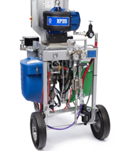 Groupe de pulvérisation XP35 pour zones non dangereuses, chariot, rapport de mélange 3:1, trémie, pompe à solvant, réchauffeurs, boîtier de raccordement, pistolet XTR, 240 V