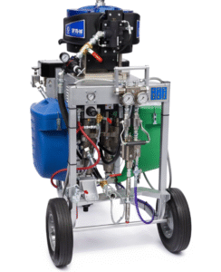 Groupe de pulvérisation XP50-hf pour zones dangereuses, chariot, rapport de mélange 2:1, trémies, pompe à solvant, réchauffeurs, pistolet XTR