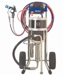Pack Merkur AA 30:1, débit de fluide de 1,5 l/min (0,4 gpm), montage sur chariot, pistolet PerformAA 50, commandes d’air de la pompe, tuyau air/fluide du pistolet, filtre à fluide